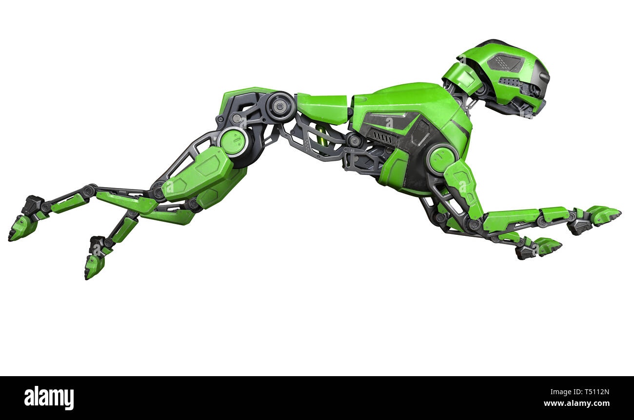 Grüne Roboter Hund läuft auf einem weißen Hintergrund. 3D-Darstellung Stockfoto