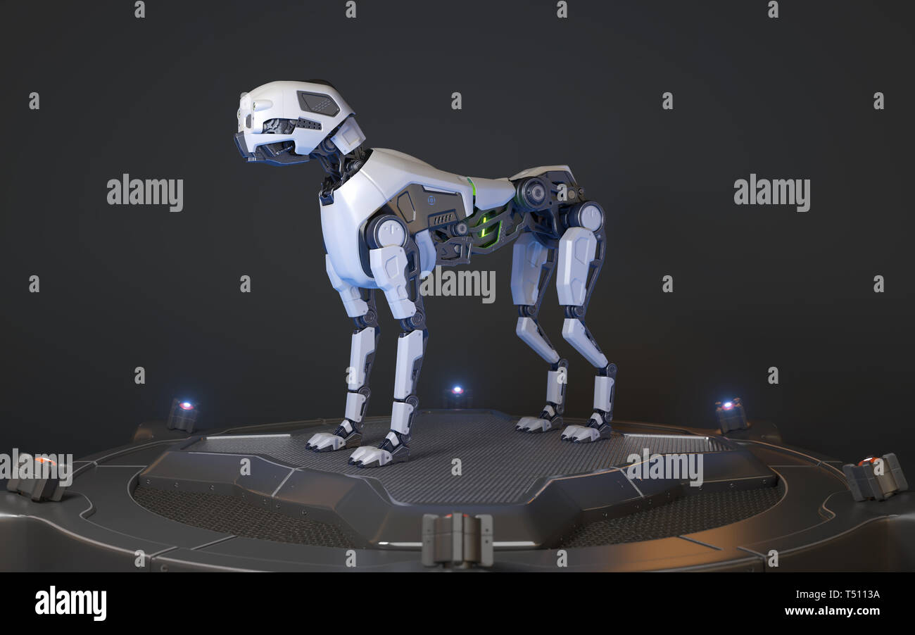 Roboter Hund steht auf einer Ladestation. 3D-Darstellung Stockfoto