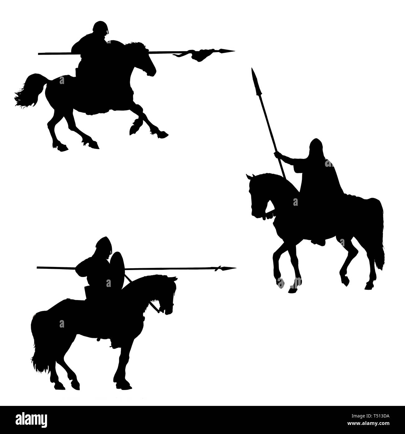 Mittelalterliche Ritter Abbildung montiert. Ritter zu Pferd. Satz von 3 mittelalterlichen Kreuzfahrer. Schwarz-weiß-Zeichnung. Ritter Silhouette. Stockfoto
