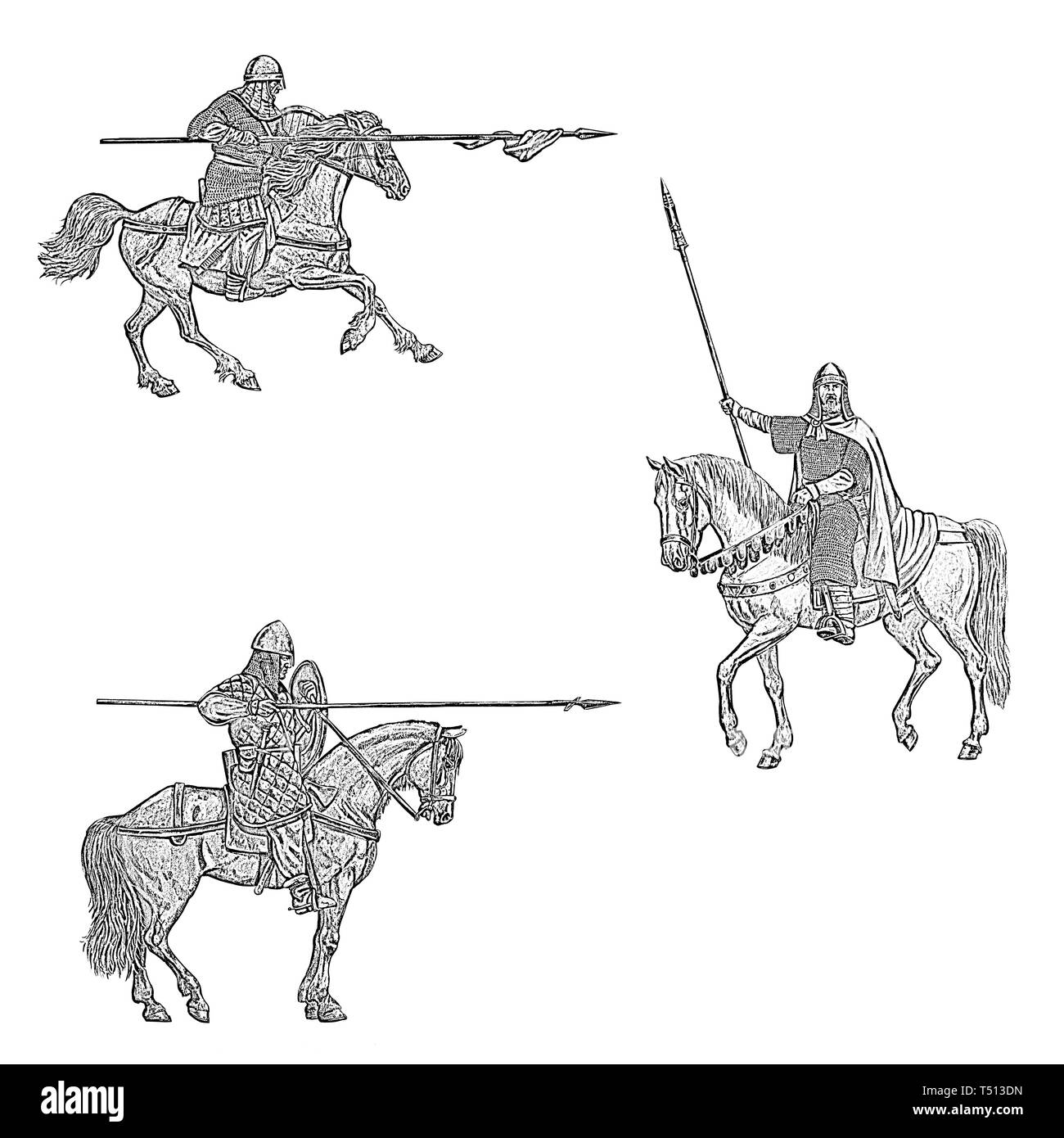 Satz von 3 mittelalterlichen montiert Kreuzfahrer. Mittelalterliche Ritter Abbildung montiert. Ritter zu Pferd. Schwarz-weiß-Zeichnung. Stockfoto