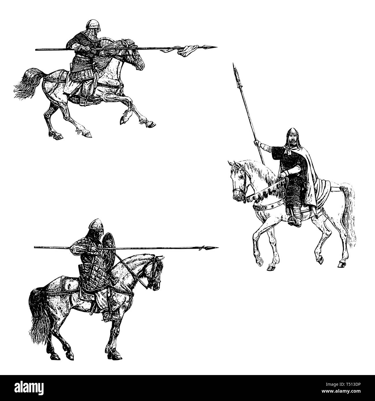 Mittelalterliche Ritter Abbildung montiert. Ritter zu Pferd. Satz von 3 mittelalterlichen Kreuzfahrer. Schwarz-weiß-Zeichnung. Stockfoto