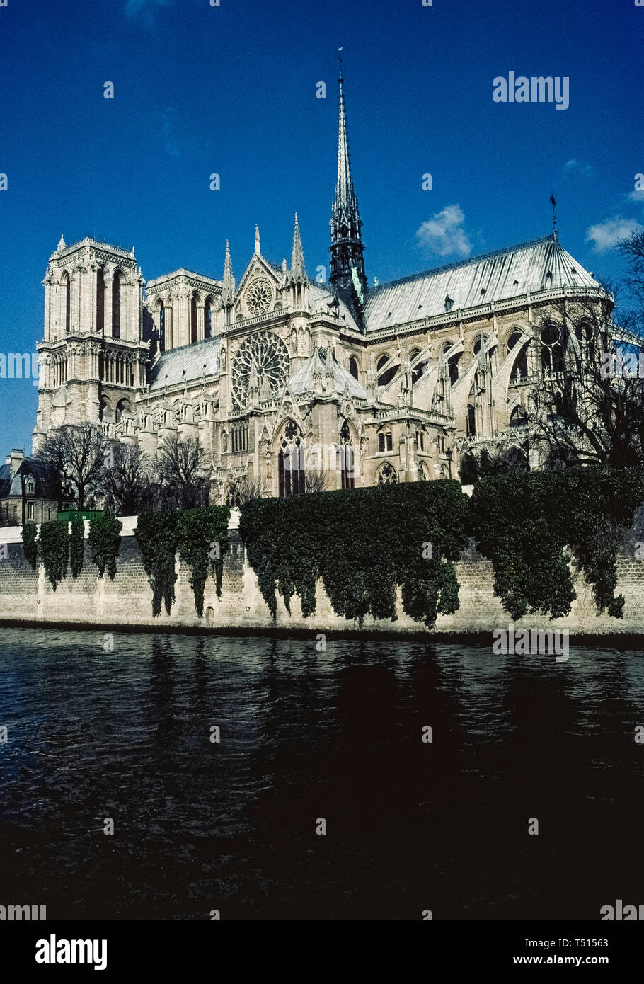 Eine vertikale Ansicht von der Seine der Notre-Dame de Paris, der berühmte katholische Kathedrale in der französischen Hauptstadt, ist in Europa einer der beliebtesten Touristenattraktionen. Dieses Foto wurde vor der historischen Kirche großen Schaden durch einen verheerenden Brand im April 2019 erlitt, und war für die Sanierung geschlossen. Bau der antiken Struktur im 12. Jahrhundert begann und empfohlene verzierten mittelalterliche Architektur, die Zwei Türme enthalten, Glasfenster Rose windows, fliegende Unterstützung Strebepfeilern und den hohen Holz- zentralen Turm (das war im Feuer zerstört). Stockfoto