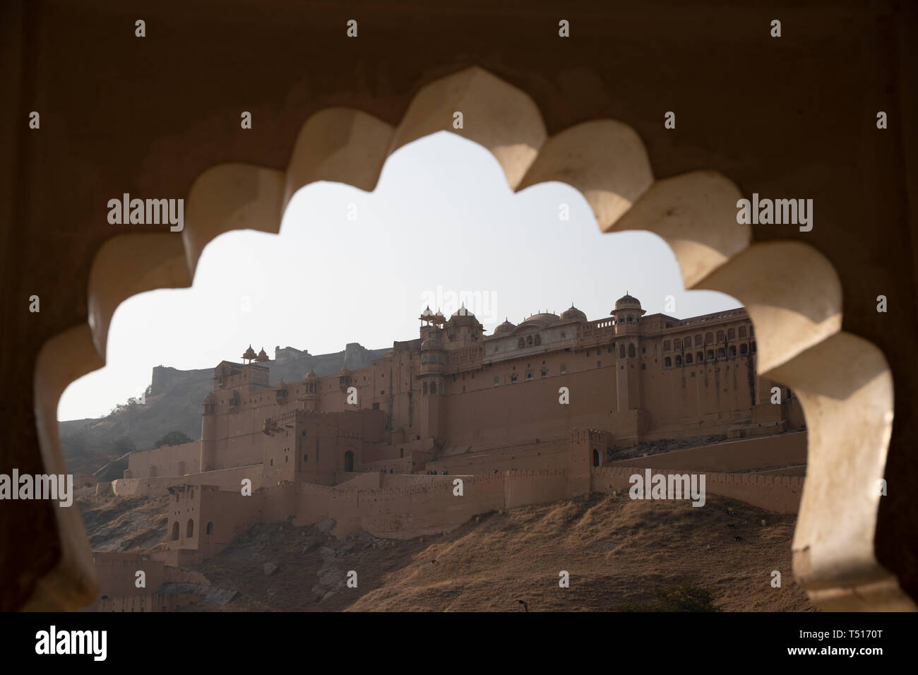 Indien, Rajasthan, Jaipur, Amber, Amber Fort und Wand Befestigungen Stockfoto