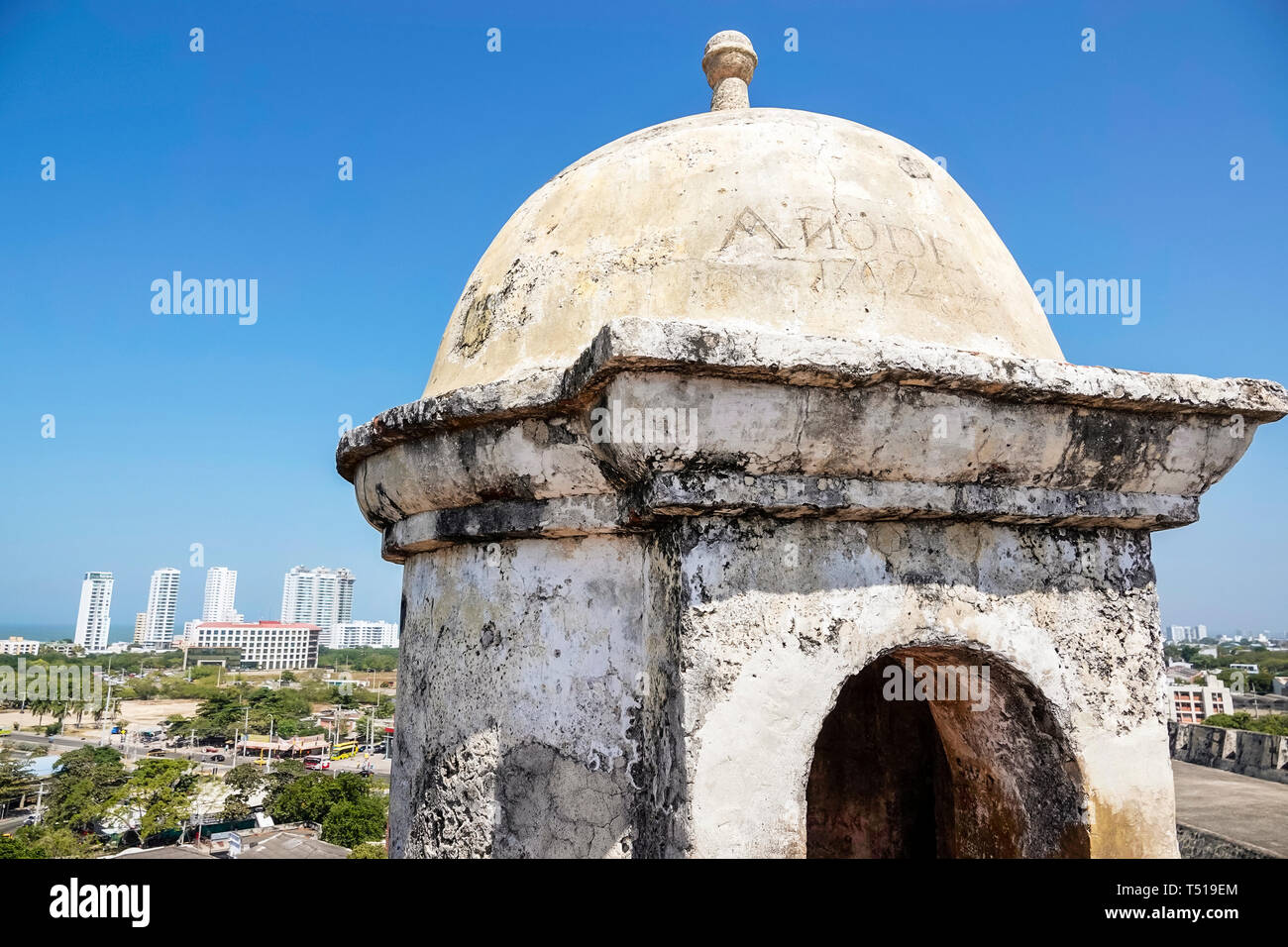 Cartagena Kolumbien, Castillo de San Roam de Barajas, San Lazaro Hill, historische Festung aus der Kolonialzeit, Weltkulturerbe, Wachturm, Skyline der Stadt, CO Stockfoto