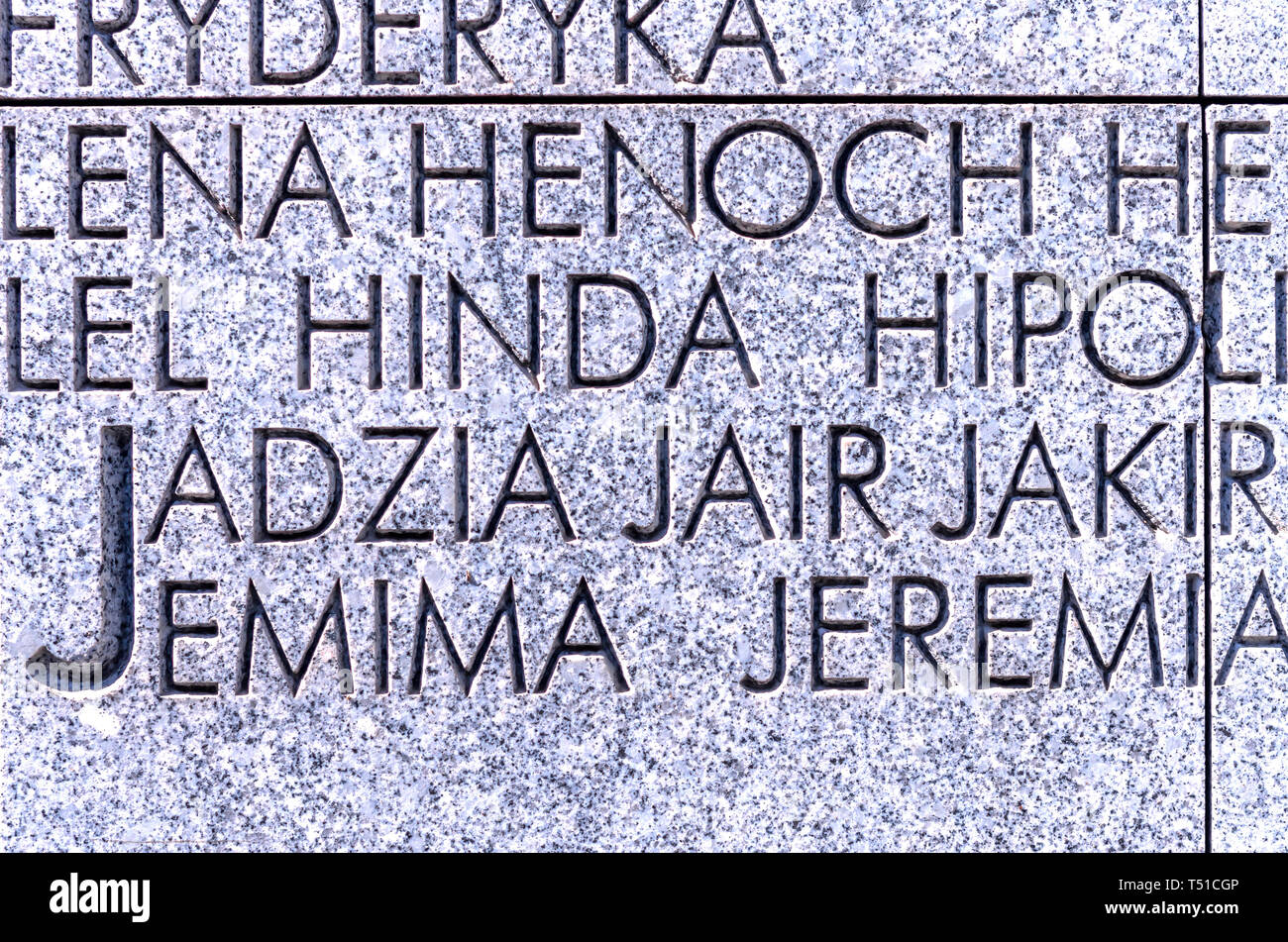 Detail des Umschlagplatzes. Eine der Plaketten mit 448 der beliebtesten polnisch-jüdischen Namen der Ghetto-Opfer, Warschau, Polen. Stockfoto