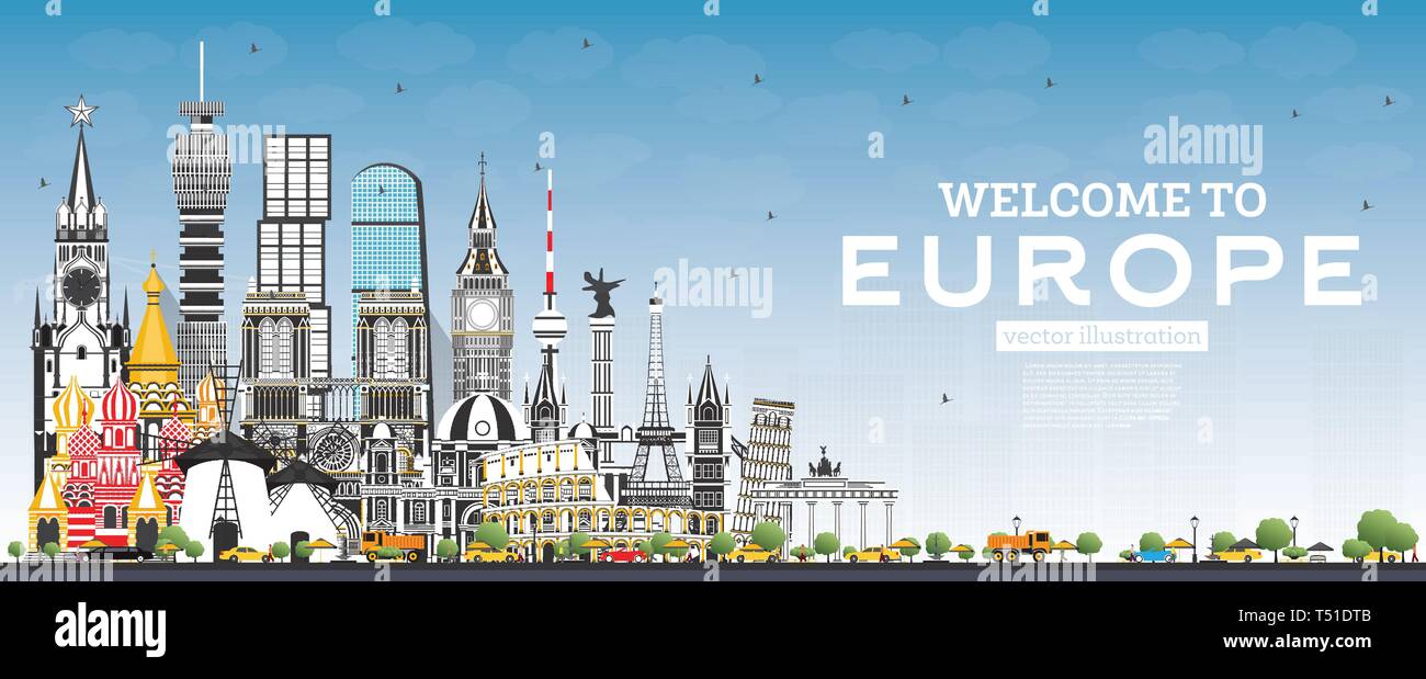 Nach Europa Skyline mit grauen Gebäuden und blauer Himmel willkommen. Vector Illustration. Tourismus Konzept mit historischer Architektur. Europa Stadtbild. Stock Vektor