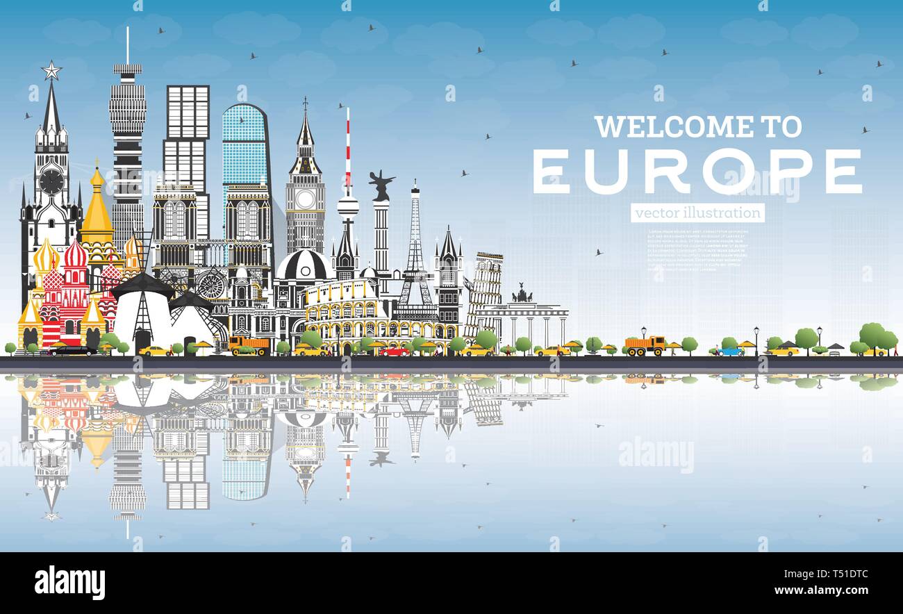 Nach Europa Skyline mit grauen Gebäuden und blauer Himmel willkommen. Vector Illustration. Tourismus Konzept mit historischer Architektur. Europa Stadtbild. Stock Vektor