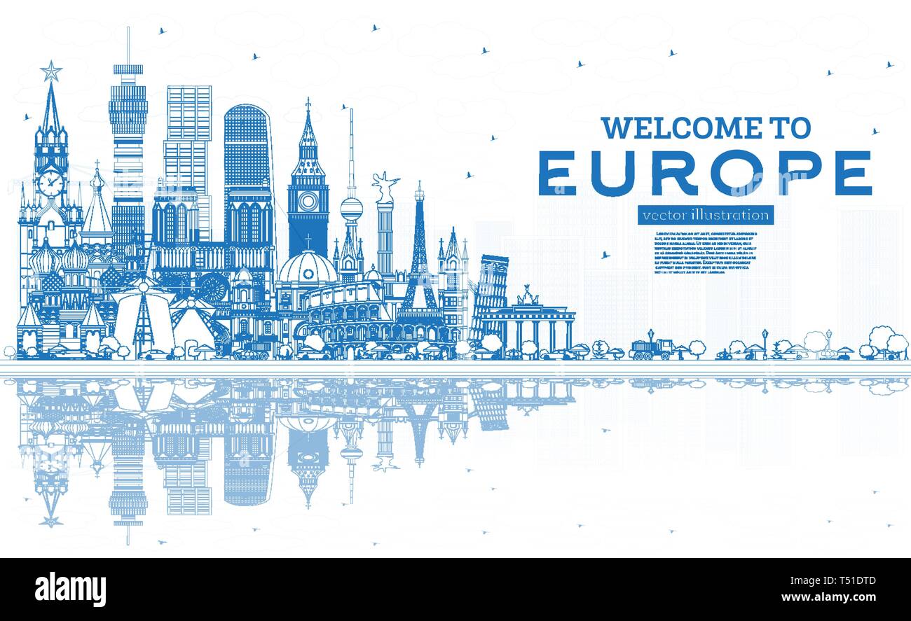 Überblick Willkommen in Europa Skyline mit blauen Gebäude. Vector Illustration. Tourismus Konzept mit historischer Architektur. Europa Stadtbild mit Landmark Stock Vektor