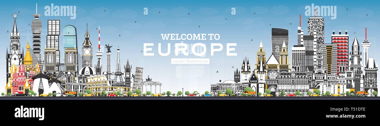 Nach Europa Skyline mit grauen Gebäuden und blauer Himmel willkommen. Vector Illustration. Tourismus Konzept mit historischer Architektur. Europa Stadtbild. Stock Vektor