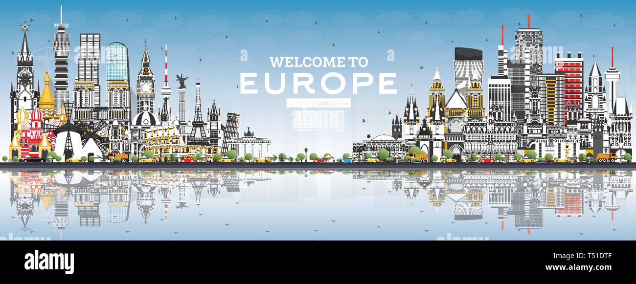 Nach Europa Skyline mit grauen Gebäuden und blauer Himmel willkommen. Vector Illustration. Tourismus Konzept mit historischer Architektur. Europa Stadtbild. Stock Vektor