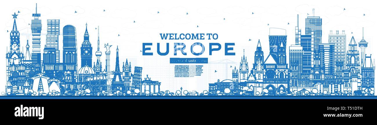 Überblick Willkommen in Europa Skyline mit blauen Gebäude. Vector Illustration. Tourismus Konzept mit historischer Architektur. Europa Stadtbild mit Landmark Stock Vektor