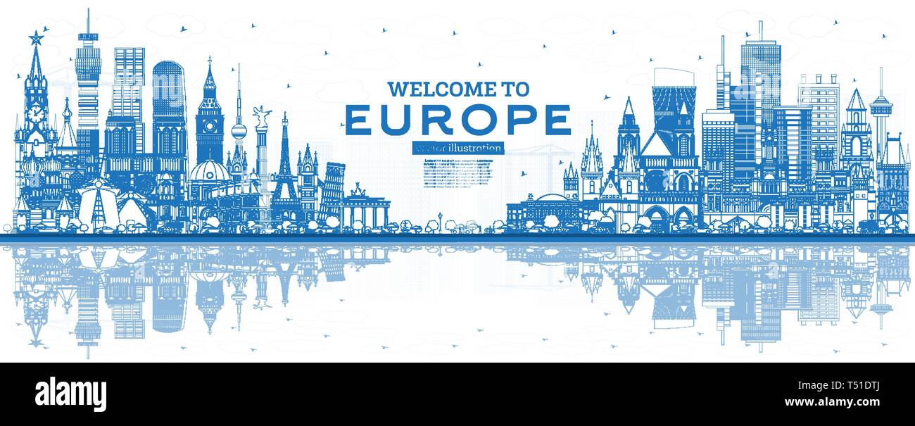 Überblick Willkommen in Europa Skyline mit blauen Gebäude. Vector Illustration. Tourismus Konzept mit historischer Architektur. Europa Stadtbild mit Landmark Stock Vektor