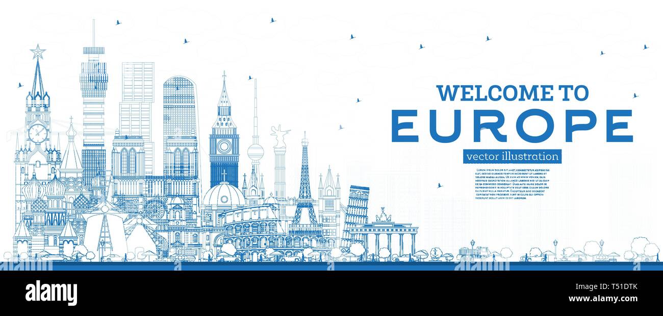 Überblick Willkommen in Europa Skyline mit blauen Gebäude. Vector Illustration. Tourismus Konzept mit historischer Architektur. Europa Stadtbild mit Landmark Stock Vektor