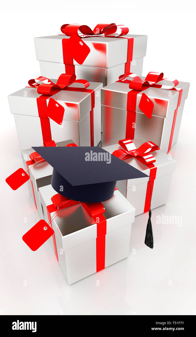 Graduation Hut und Geschenke auf weißem Hintergrund Stockfoto