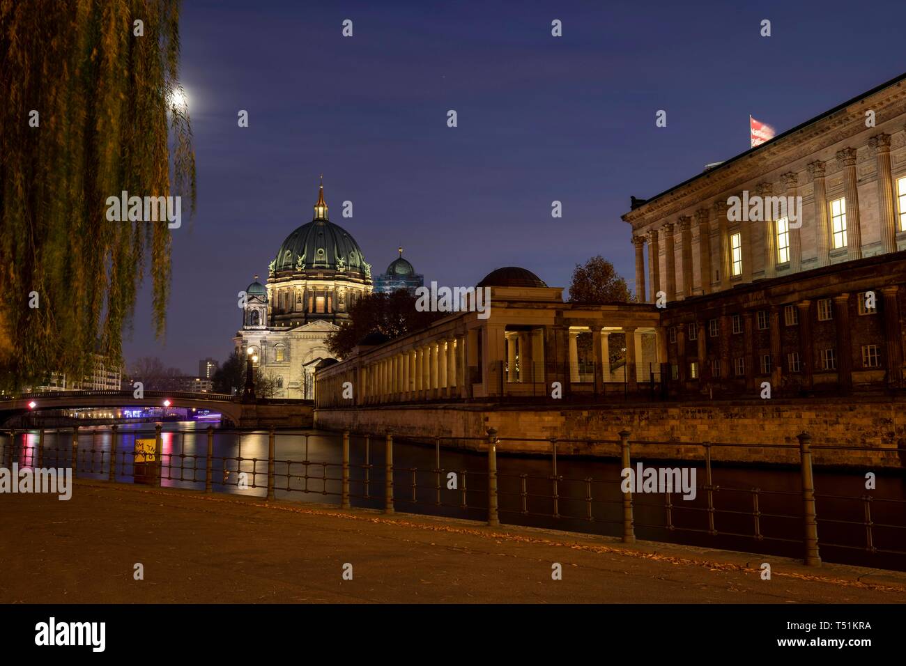 Mit Museumsinsel Spree, mit beleuchtetem Bode Museum bei Nacht, Stadtzentrum, Berlin, Deutschland Stockfoto