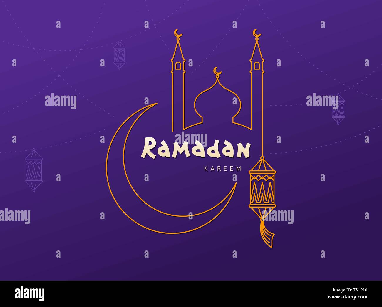 Ramadan Kareem lila Hintergrund mit Mond, Laternen, Moschee. Arabisch islamischen Ramadan Mubarak Grußkarte, Einladung für die muslimische Gemeinschaft Festival. K Stock Vektor