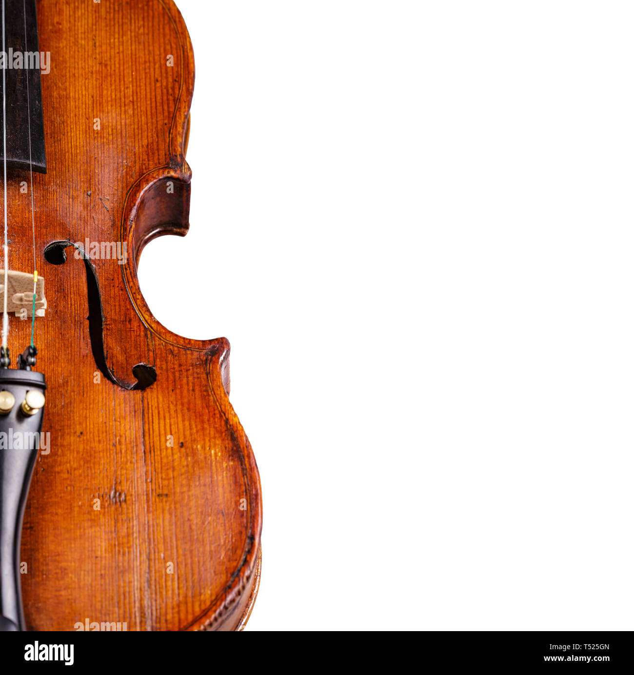 Vintage Violin closeup auf weißem Hintergrund Stockfoto