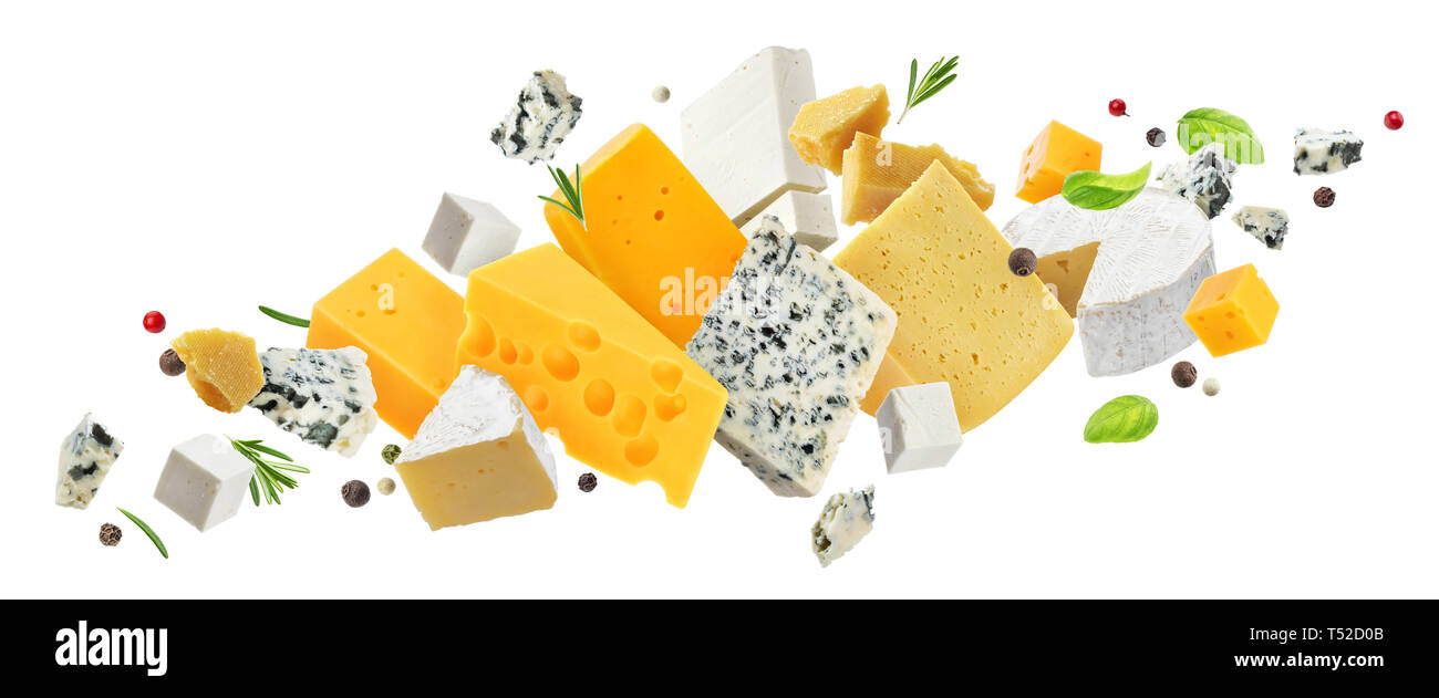 Käse Sortiment auf weißem Hintergrund Stockfoto