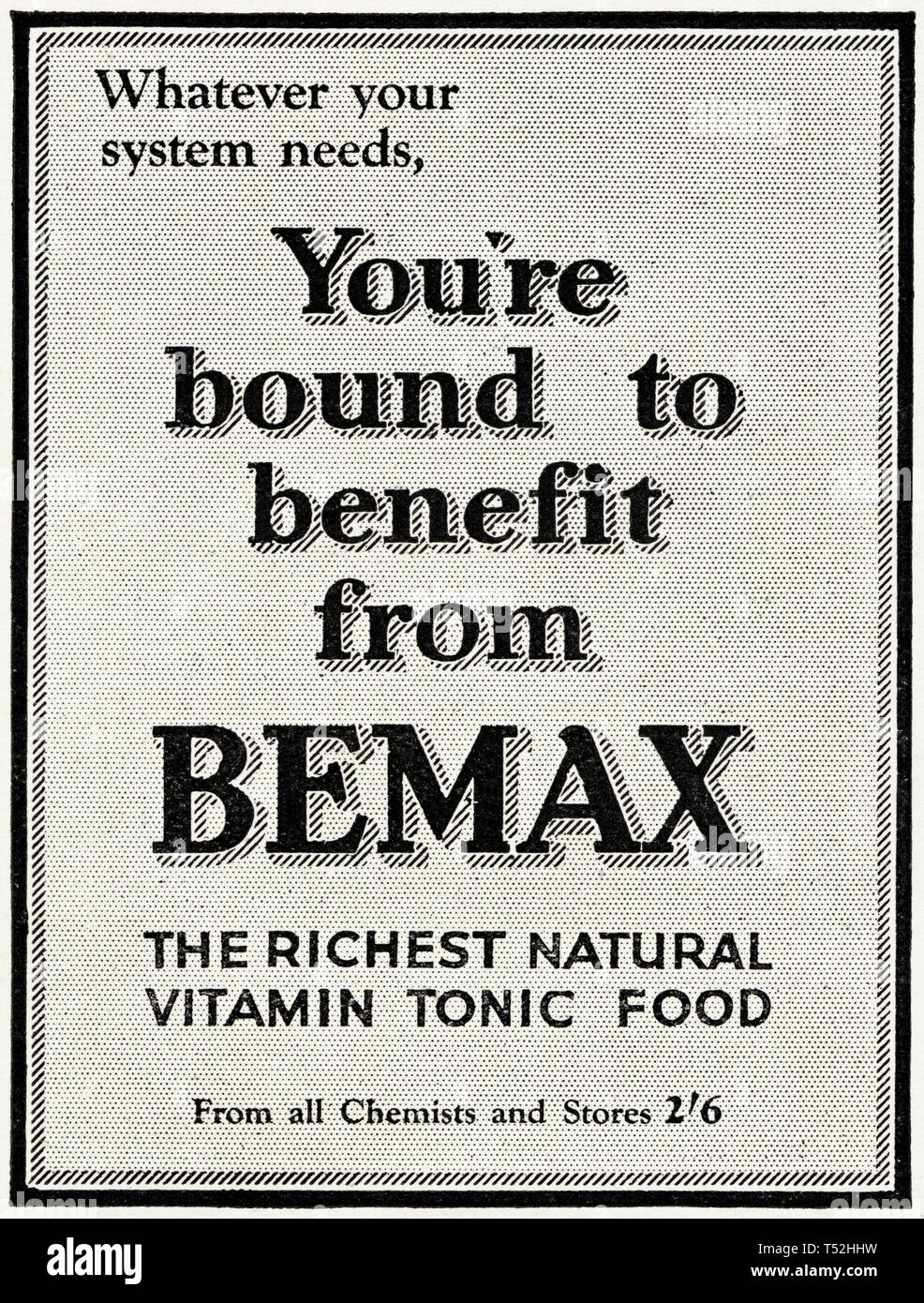 Original 30er Vintage alte drucken Werbung von 30 s englische Magazin Werbung Bemax der reichsten natürlichen Vitamin Tonikum essen ca. 1932 Stockfoto