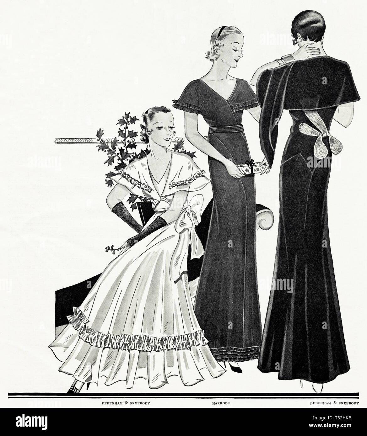 Original 30er Vintage alte Drucken Abbildung: Werbung von 30 s englische Magazin Werbung Debenham & Freebody+Harrods Frauen Mode ca. 1932 Stockfoto