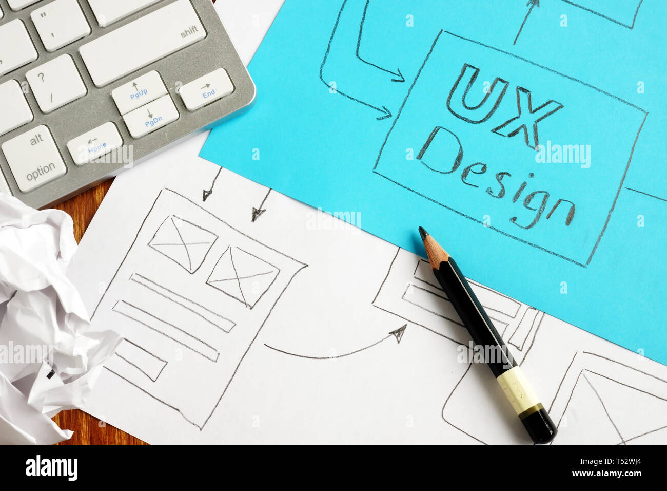 UX Design und Website Konzept auf einer Seite geschrieben. Stockfoto