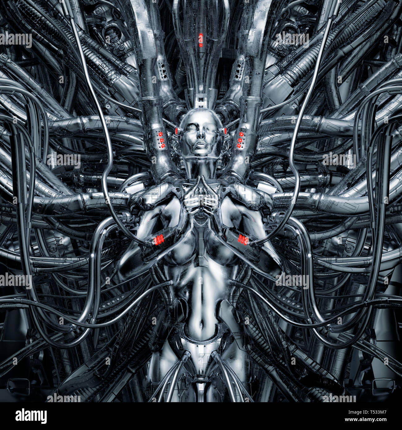 Maiden in der Maschine/3D-Darstellung der Science Fiction meditieren weibliche Android zu komplexen alien Maschinen fest verdrahtet Stockfoto