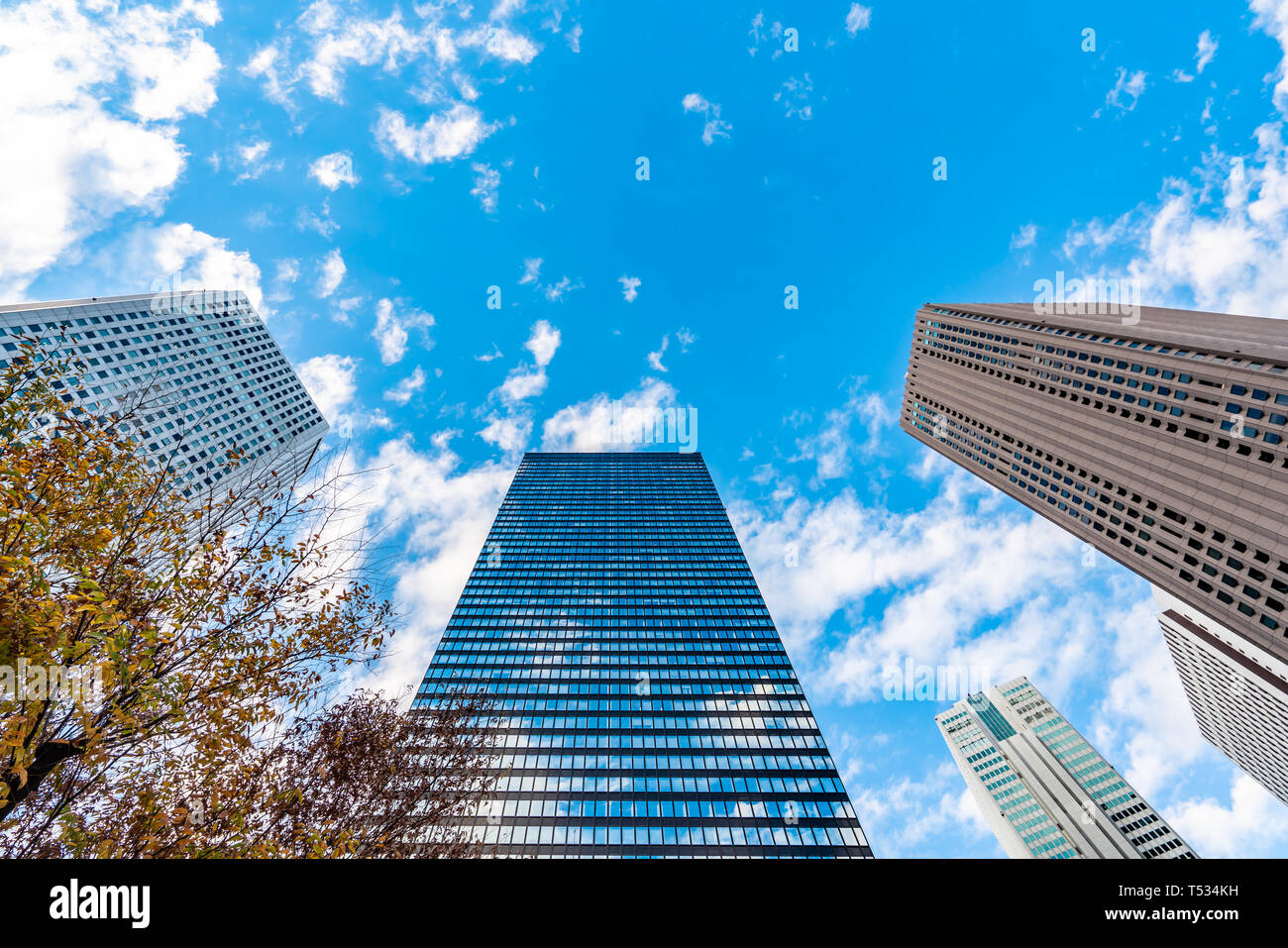 Tokio, Japan. Die moderne Skyline von Shinjuku, gen Himmel. Stockfoto