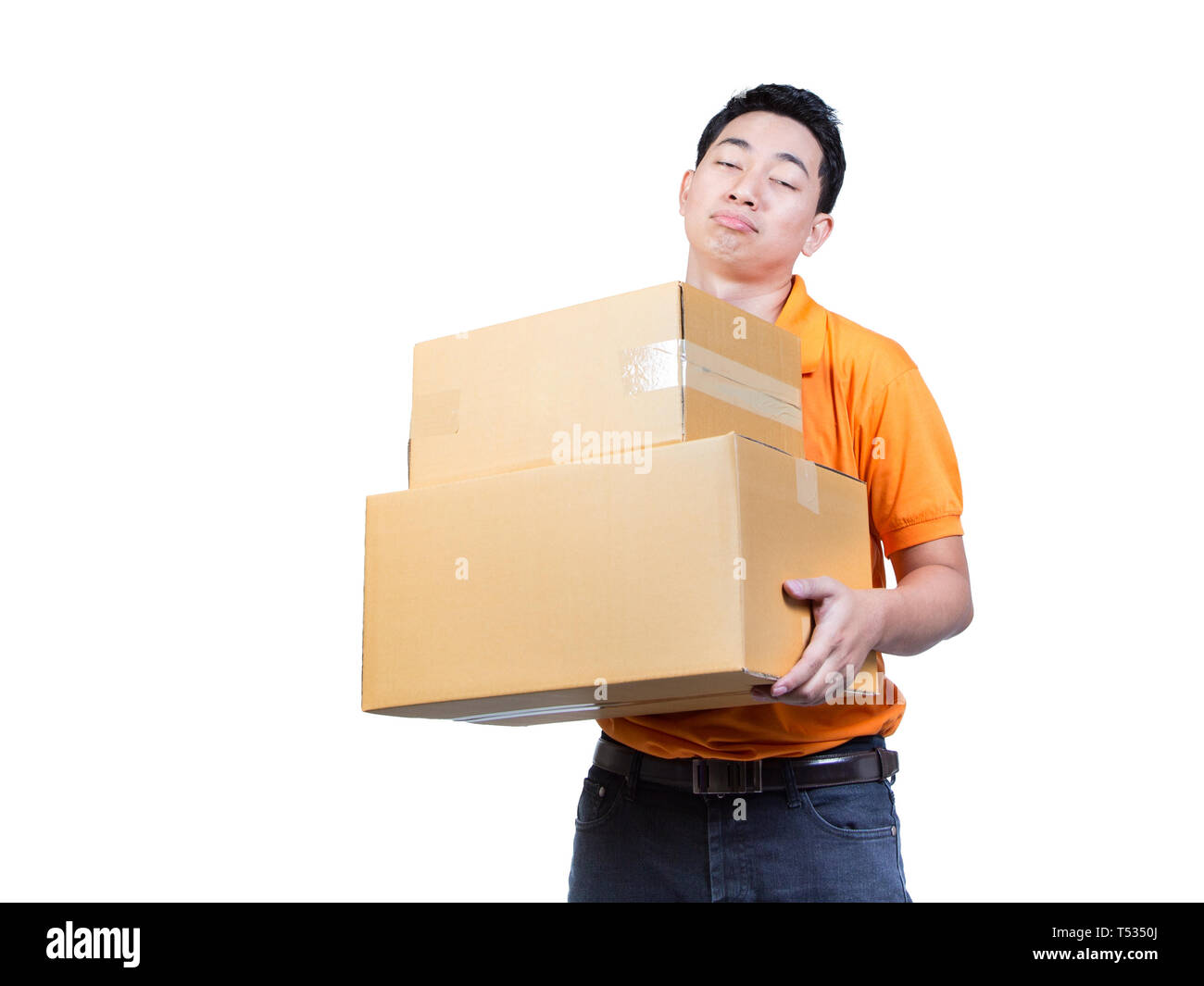 Mann bei der Arbeit Hand müde Gesicht bewegen Paket "Lieferung transpotation Konzept Stockfoto