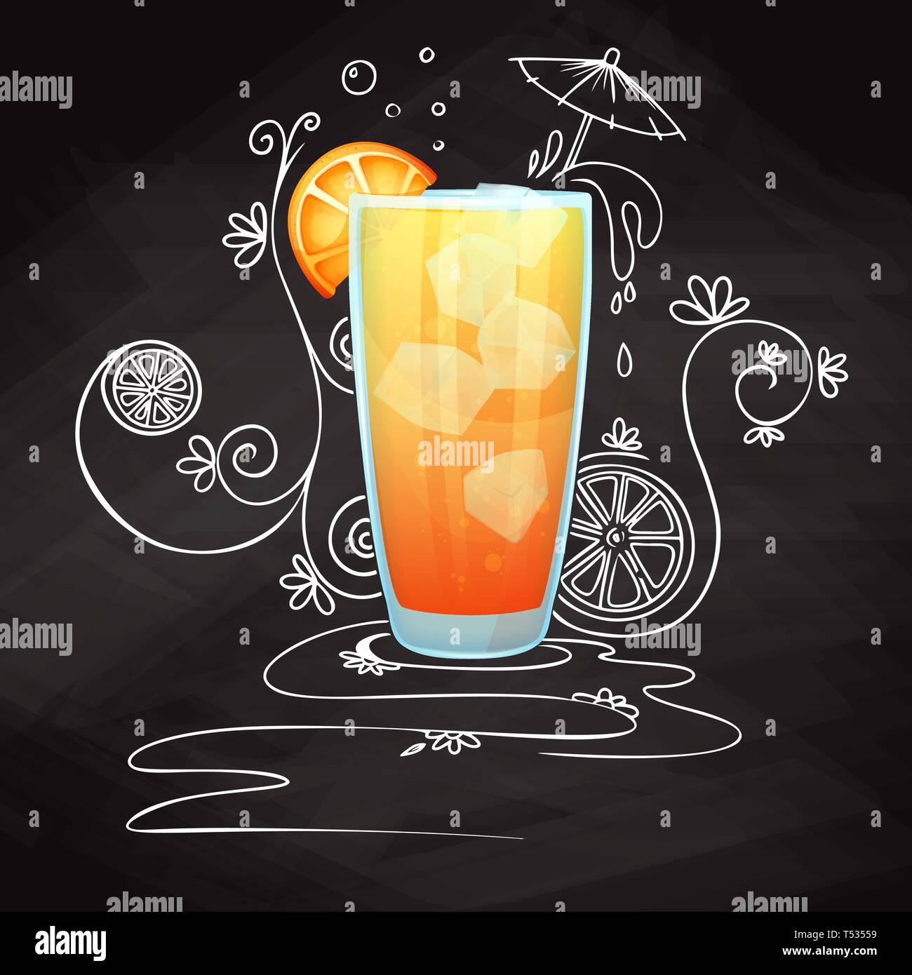 Realistische Cocktail auf Kreide Hintergrund mit Doodle, Muster. Vector Illustration Stock Vektor