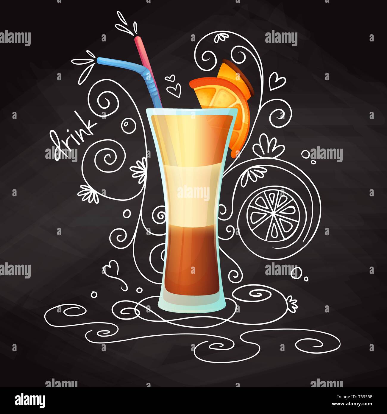 Realistische Cocktail auf Kreide Hintergrund mit Doodle, Muster. Vector Illustration Stock Vektor
