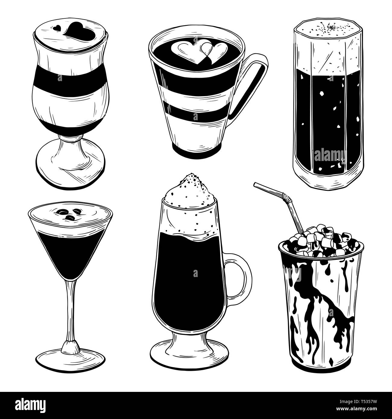 Satz von verschiedenen Kaffee Cocktails auf weißem Hintergrund. Vector Illustration Stock Vektor