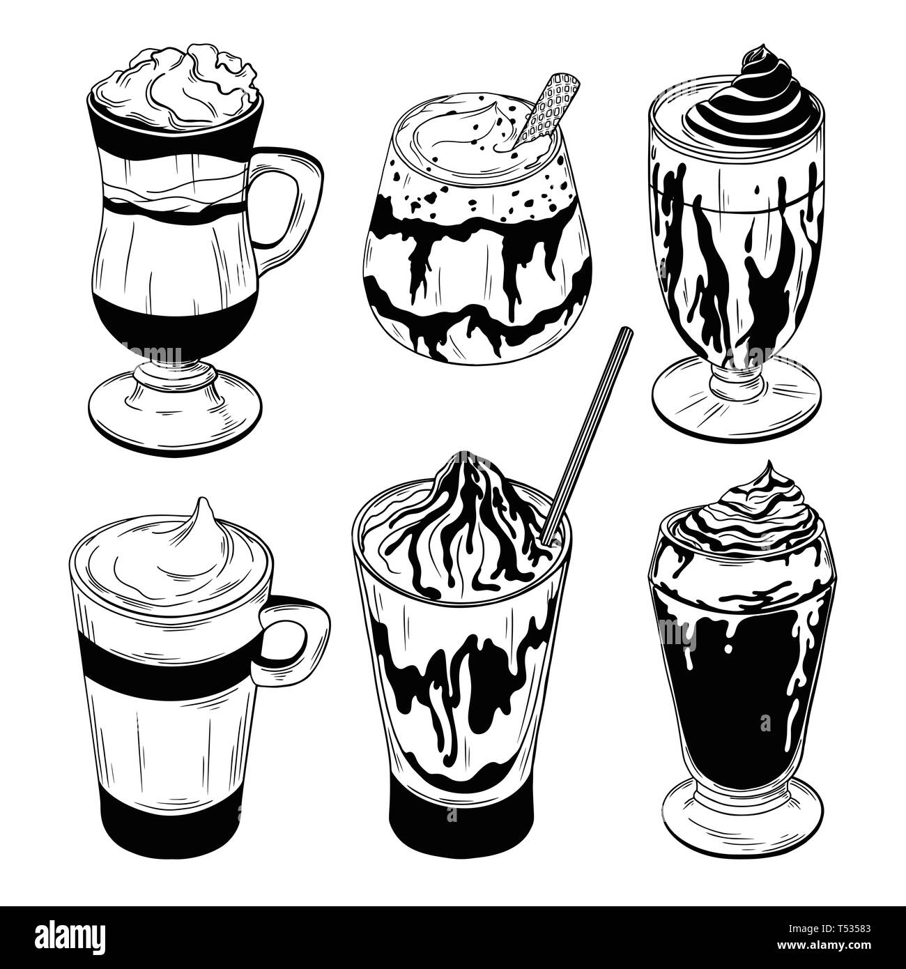 Satz von verschiedenen Kaffee Cocktails auf weißem Hintergrund. Vector Illustration Stock Vektor