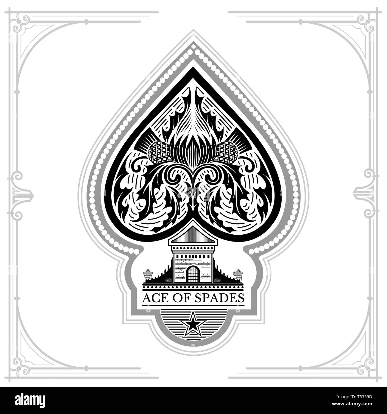 Ace of Spades Schloss und Distel Muster innen. Schwarz auf Weiß Stock Vektor