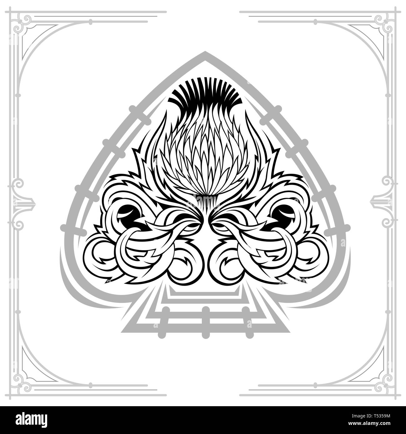Ace of Spades Form und Thistle floralen Muster. Design Element, schwarz auf weiß Stock Vektor