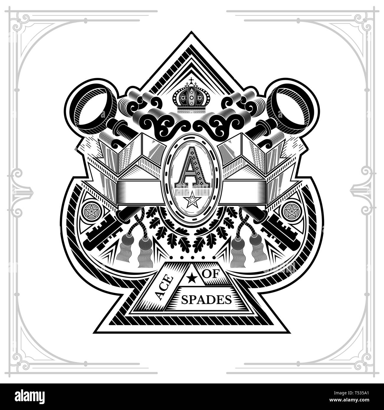 Ace of Spades Form mit gekreuzten Schlüssel und Vintage Elemente im Inneren. Design Playing Card Element, schwarz auf weiß Stock Vektor