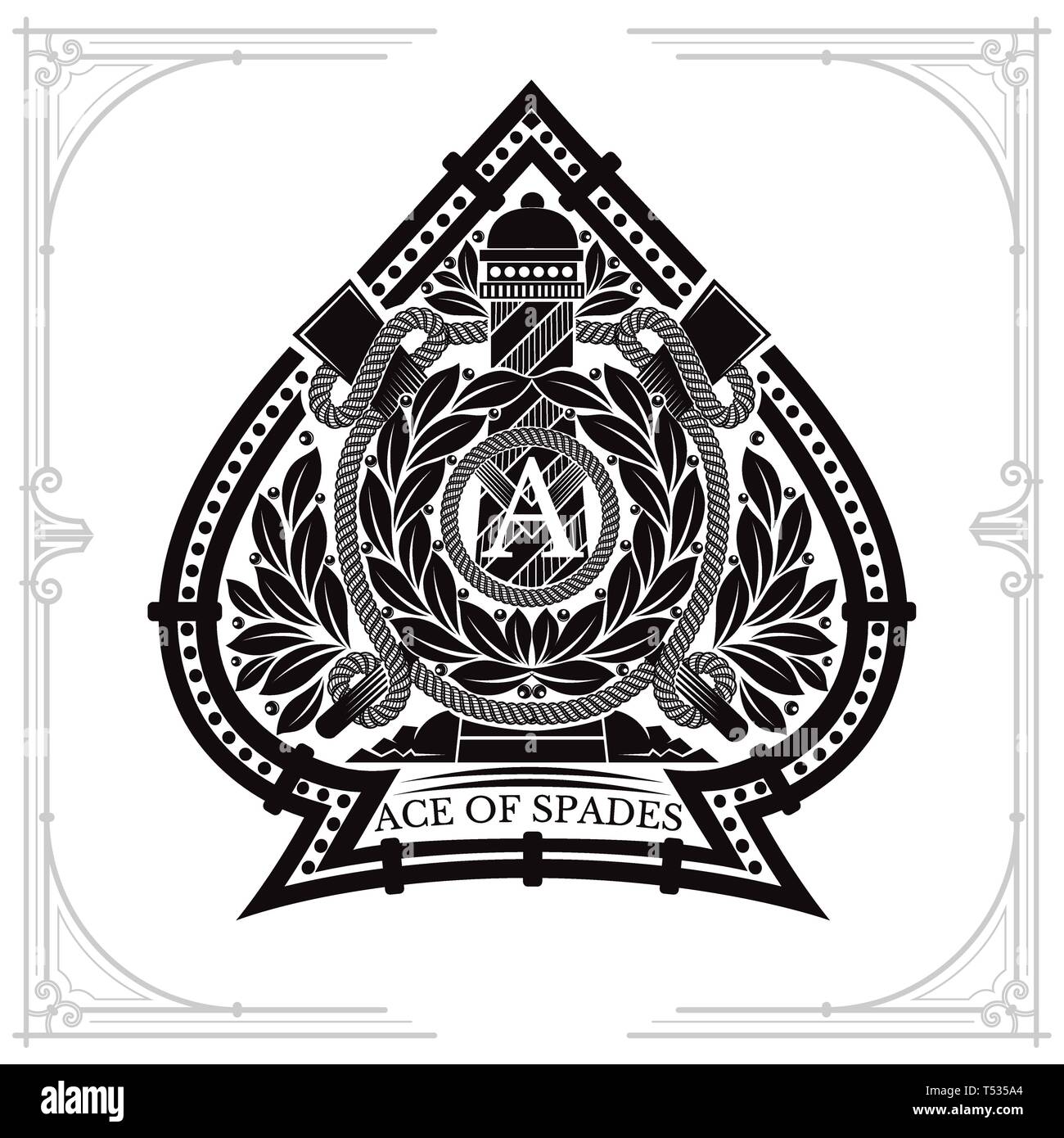 Ace of Spades Form mit Leuchtturm zwischen Laurel wreth und überquerte den Plattenelektroden. Design Playing Card Element, schwarz auf weiß Stock Vektor