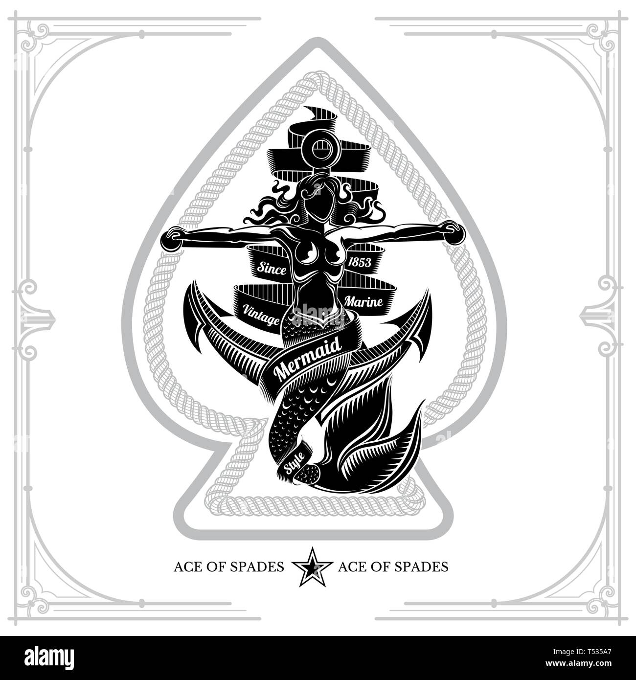 Ace of Spades Form mit Mermaid gekreuzigten auf der Innenseite verankern. Design Playing Card Element, schwarz auf weiß Stock Vektor