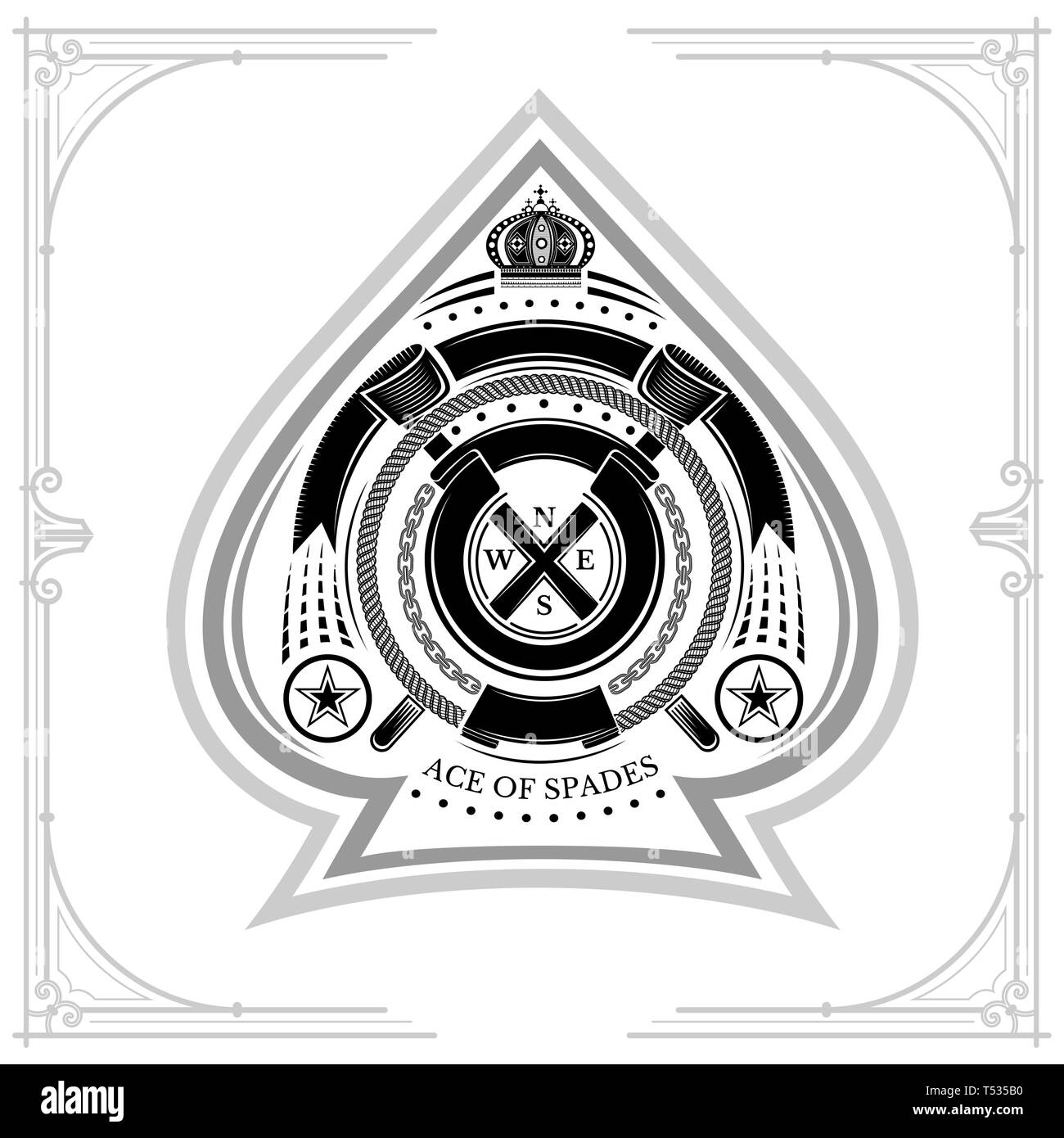 Ace of Spades Form mit runden ribbon Rahmen und gekreuzt Signal flags im Inneren. Marine design Playing Card Element, schwarz auf weiß Stock Vektor