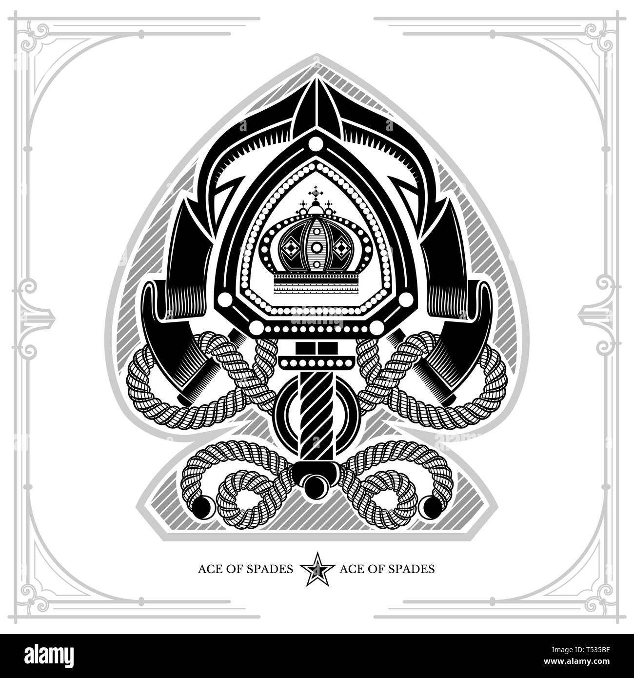 Ace of Spades Form mit Schild, Schwert zwischen Kabel und Flachbandkabel Muster innen. Marine design Playing Card Element, schwarz auf weiß Stock Vektor