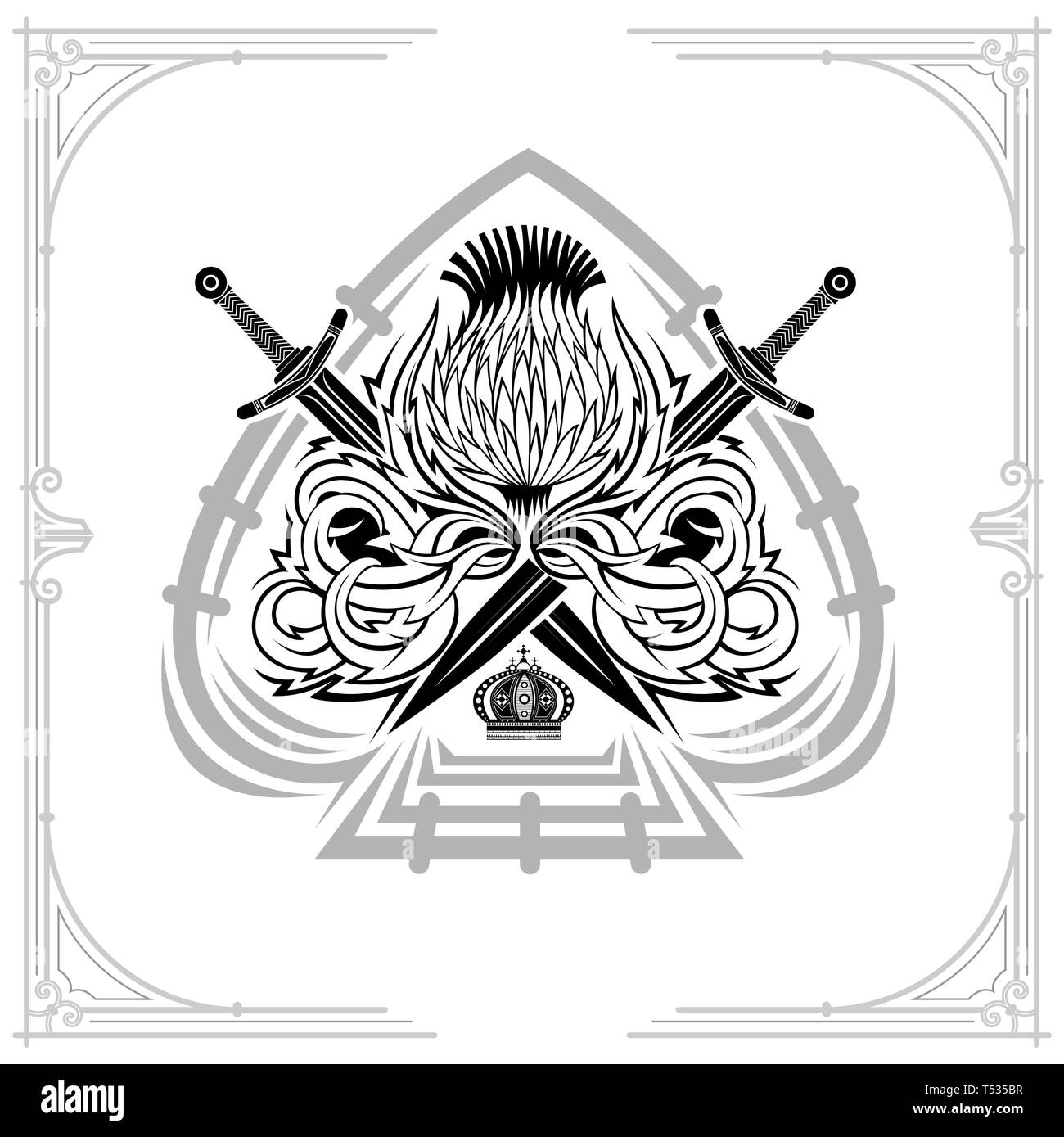 Ace of Spades Form mit Thistle Blumenmuster und gekreuzten Schwertern. Design Element, schwarz auf weiß Stock Vektor