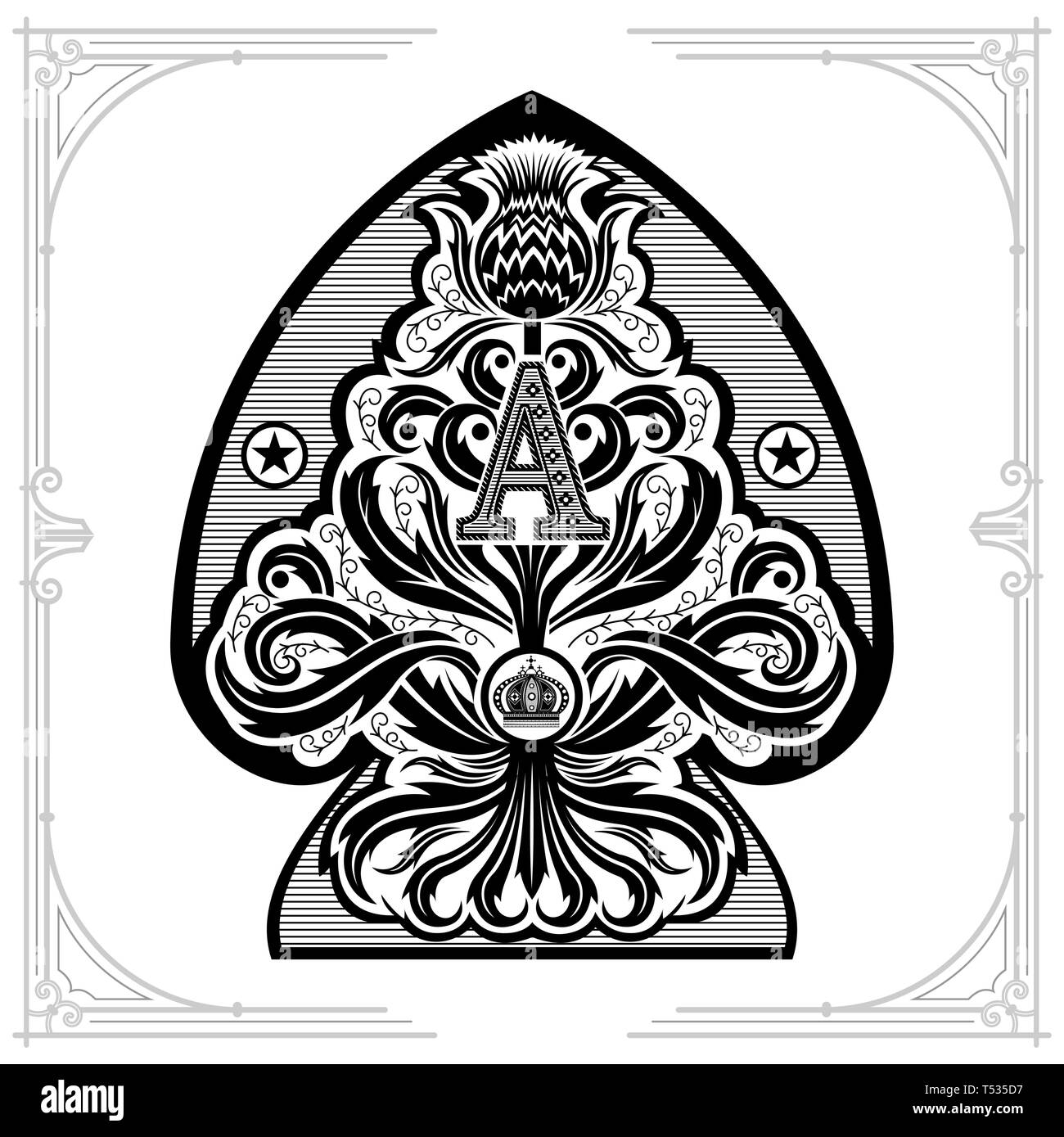 Ace of Spades von Thistle florales Muster mit Buchstaben A und Krone im Inneren. Design Element, schwarz auf weiß Stock Vektor