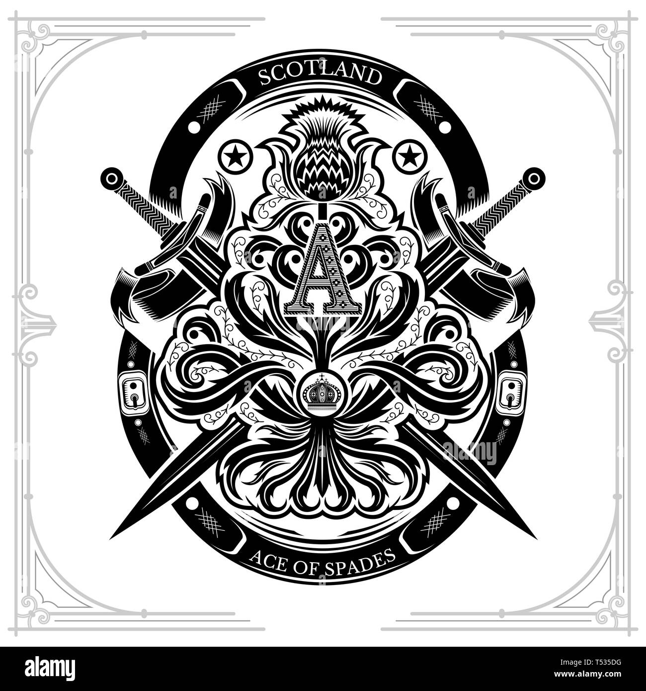Ace of Spades von Thistle florales Muster mit Kreuz und Schwert Großbuchstabe A nside. Design Element, schwarz auf weiß Stock Vektor