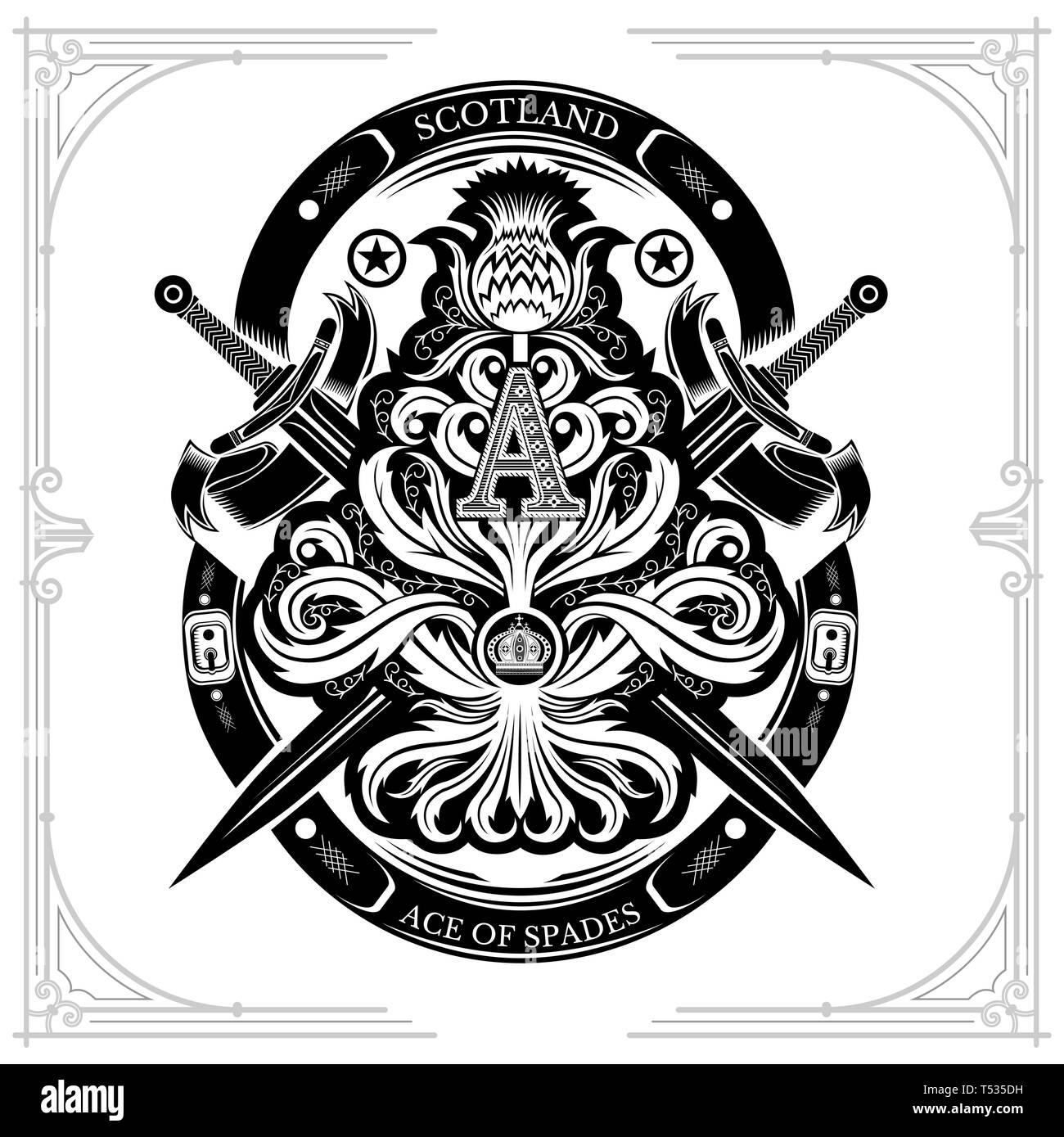 Ace of Spades von Thistle florales Muster mit Kreuz und Schwert Großbuchstabe A nside. Design Element auf Weiß isoliert Stock Vektor