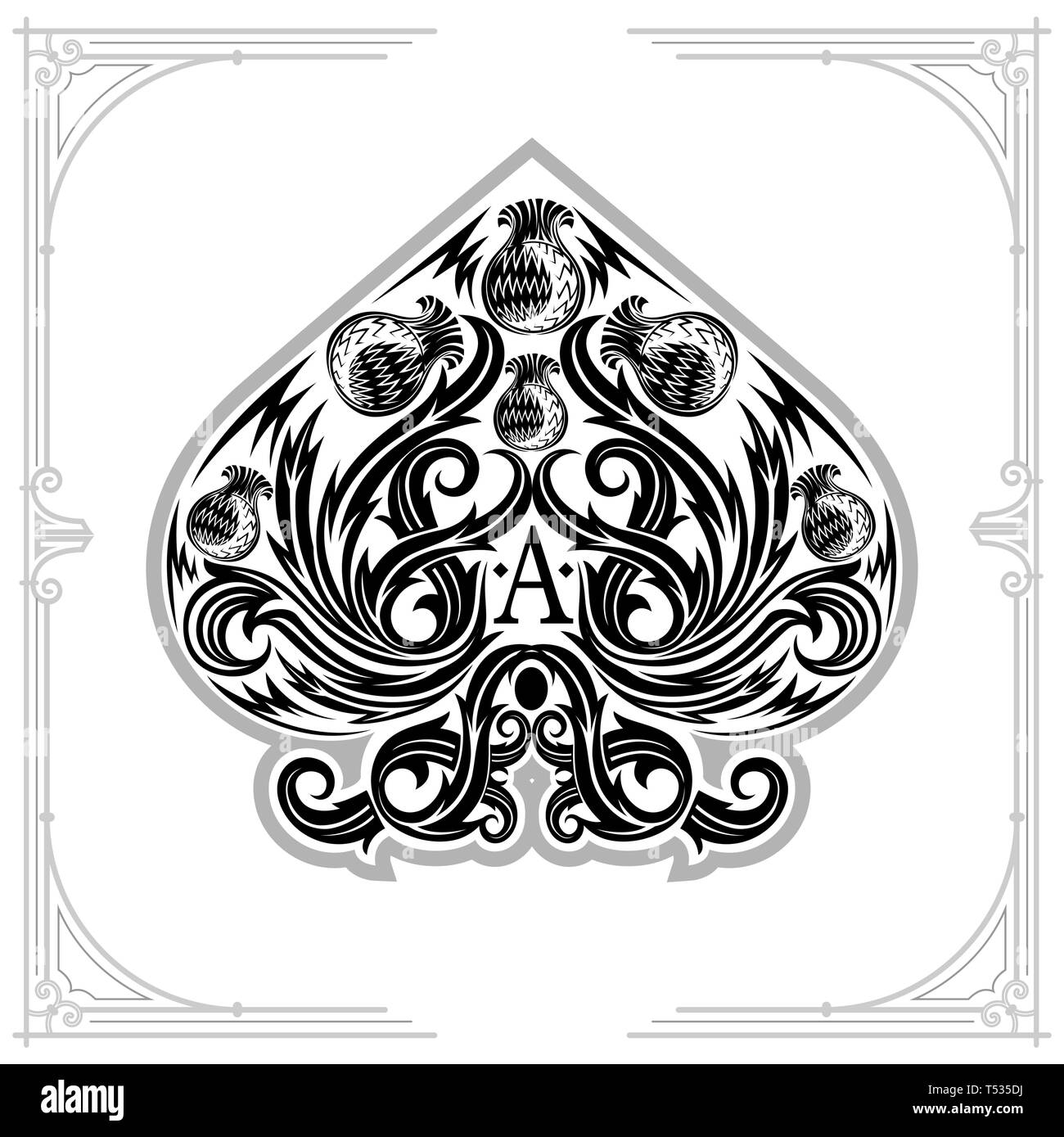 Ace of Spades von Thistle Muster innen. Schwarz auf Weiß Stock Vektor