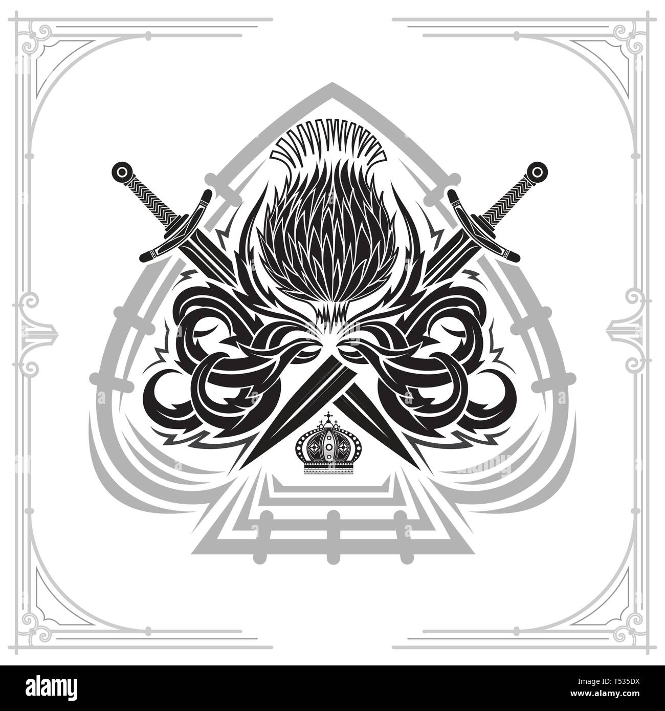 Ace of Spades silhouette Form mit Thistle Blumenmuster und gekreuzten Schwertern. Design Element, schwarz auf weiß Stock Vektor