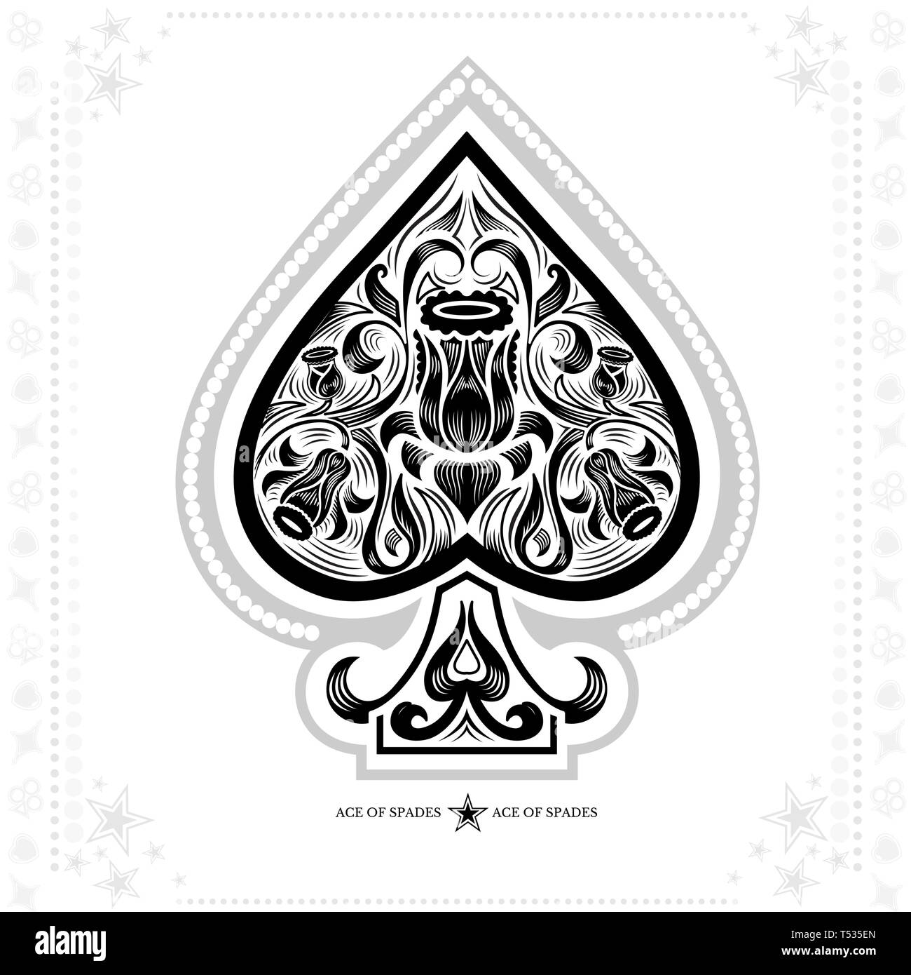 Ace of Spades mit Blumenmuster innen. Schwarz in Weiß Stock Vektor