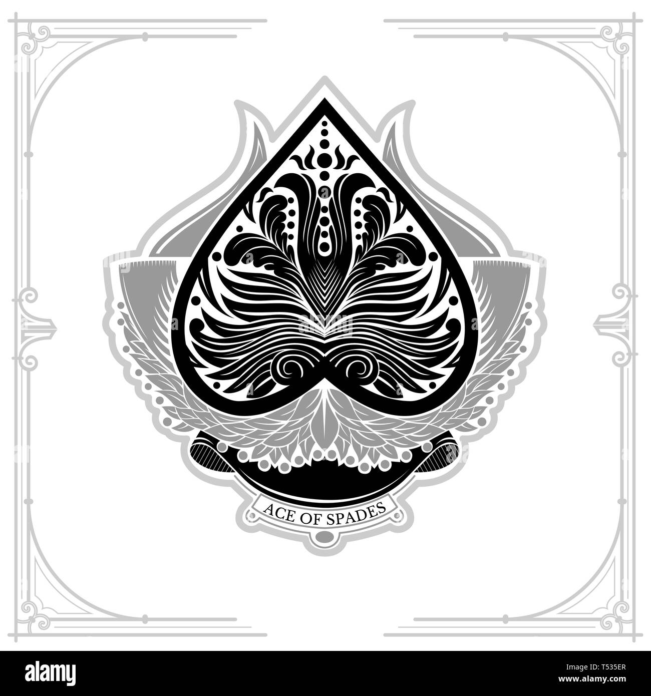 Ace of Spades mit Lorbeerkranz und floralen Muster. Schwarz auf Weiß Stock Vektor