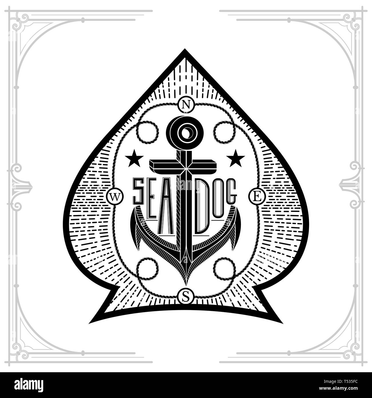 Anker in der Mitte der Schnur Rahmen in die Ace of Spades Form. Nautische vintage Schwarz auf Weiß Stock Vektor