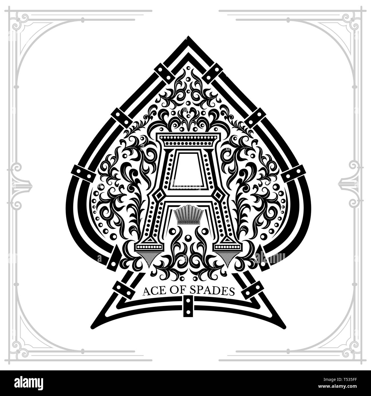 Hauptstadt Lettern ein in der Mitte foral Muster innen Ace of Spades bilden. Vintage Design Playing Card Element, schwarz auf weiß Stock Vektor
