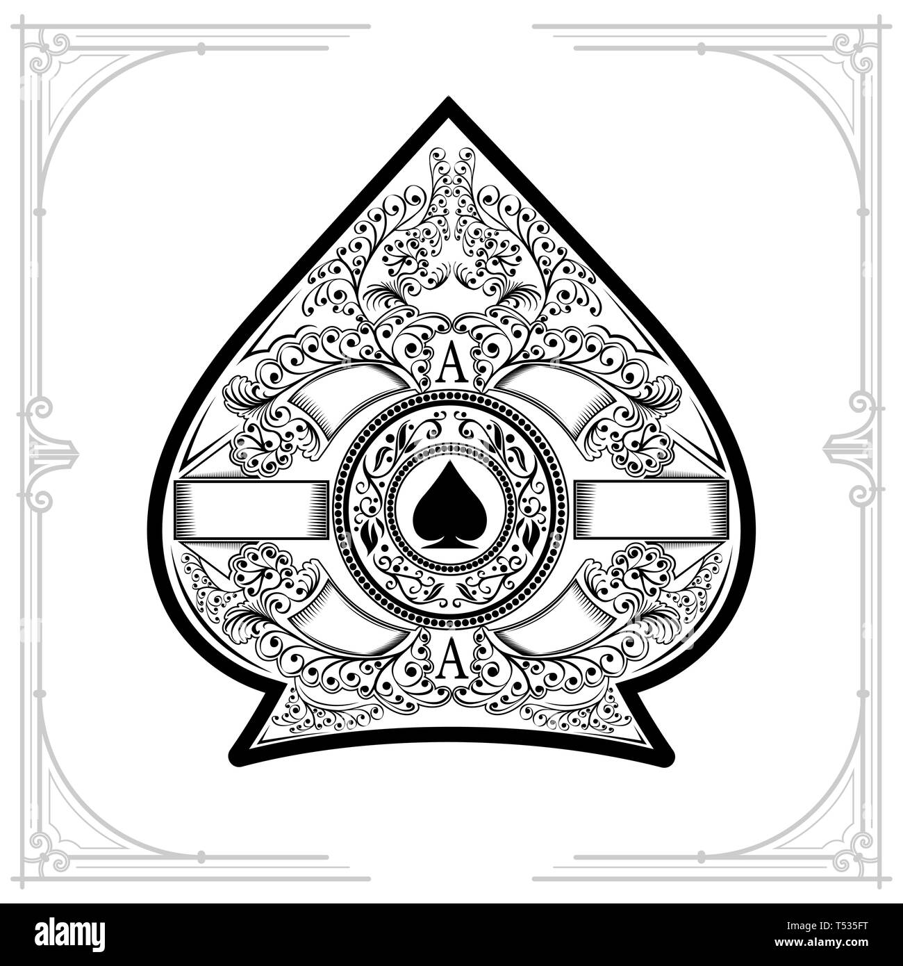 Florales Muster, um Kreis Schild mit Spaten in der Mitte der Innenseite Ace of Spades bilden. Vintage Design Playing Card Element, schwarz auf weiß Stock Vektor